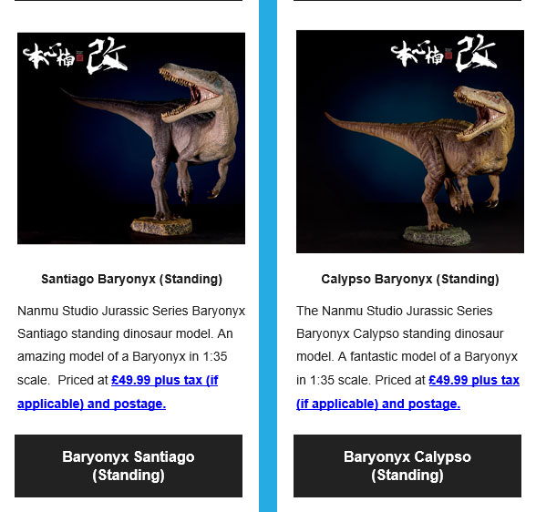 Baryonyx models from Nanmu Studio feature in an Everything Dinosaur newsletter.