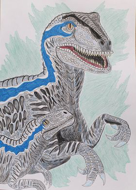 Two Velociraptors illustrated by Caldey