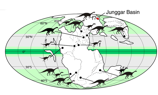 Late Triassic Pangaea and location of known dinosaur fossils.