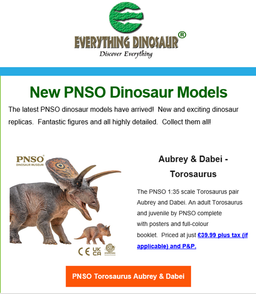 PNSO Torosaurus pair feature in customer newsletter.