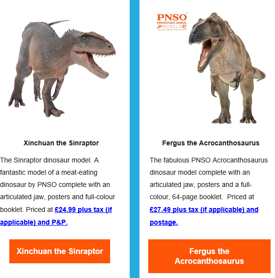 PNSO Xinchuan the Sinraptor and Fergus the Acrocanthosaurus dinosaur models.