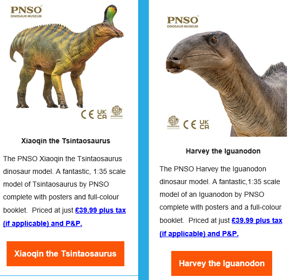 PNSO Tsintaosaurus and Iguanodon feature in customer newsletter.