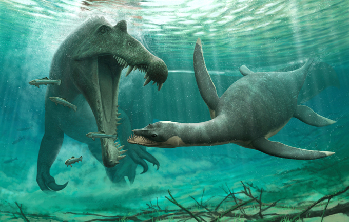 Spinosaurus and Plesiosaurus encounter.