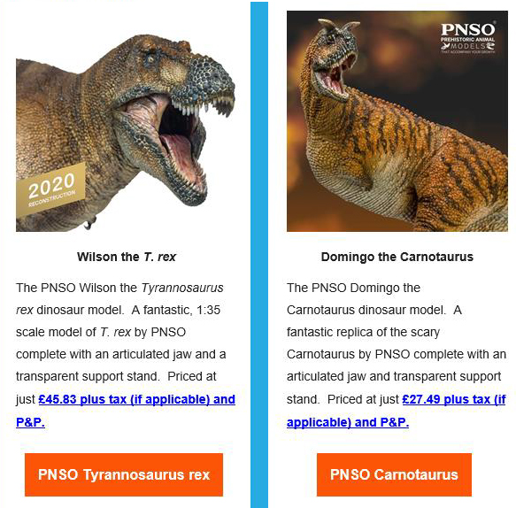 PNSO T. rex and Carnotaurus models feature in newsletter.