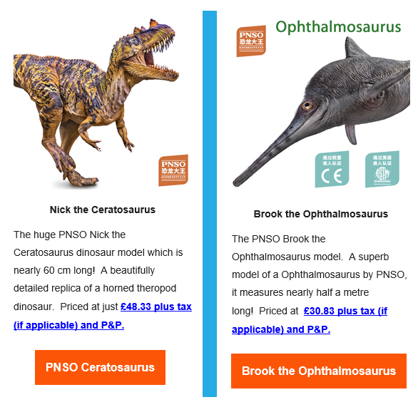 PNSO Nick the Ceratosaurus and Brook the Ophthalmosaurus feature in company newsletter.