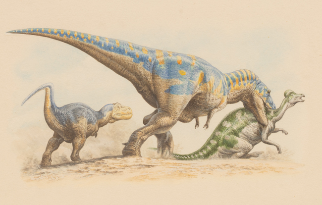 Tyrannosaur attacks a hadrosaur