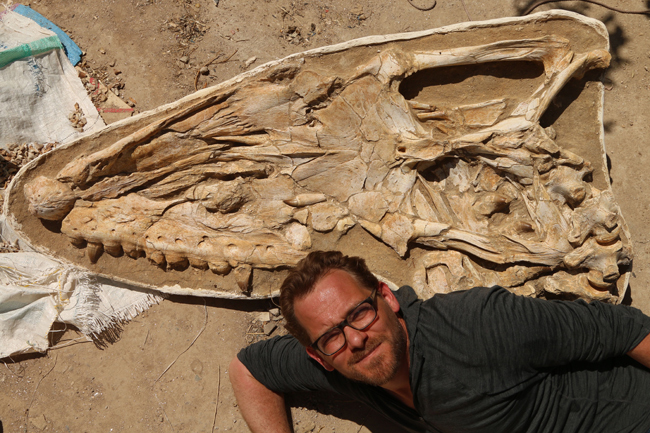 Dr Nick Longrich poses next to the skull of Thalassotitan