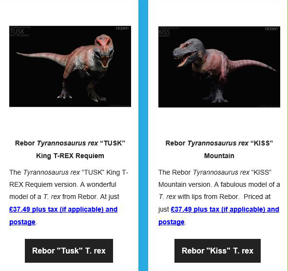 Rebor Tyrannosaurus rex figures "Kiss" and "Tusk".
