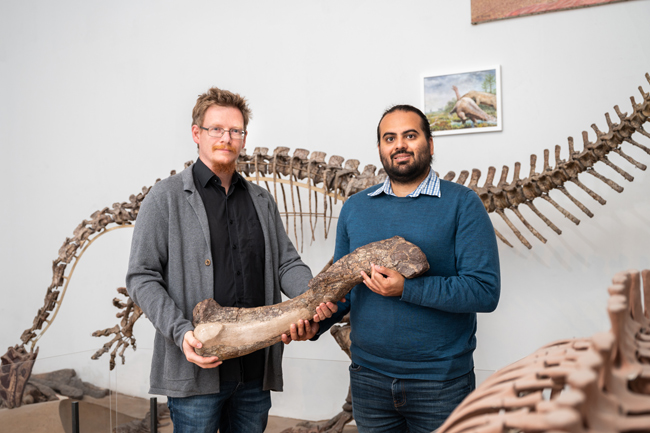 Ingmar Werneburg (left) and Omar Rafael Regalado Fernandez (right) hold a femur from Tuebingosaurus maierfritzorum