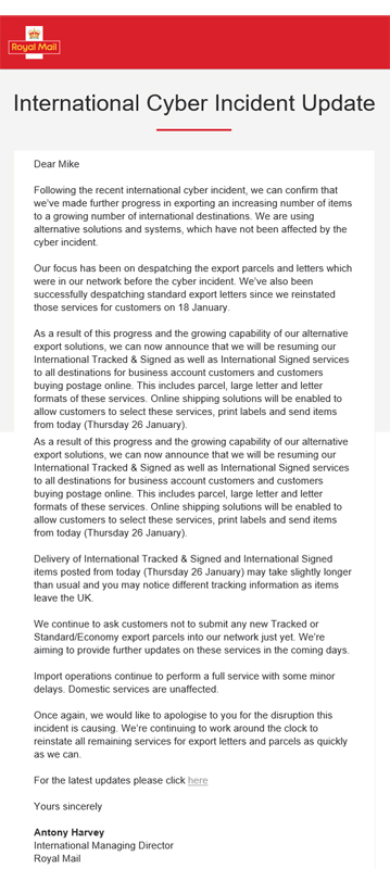 Royal Mail International Cyber Incident Update