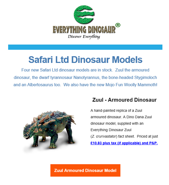 Dino Dana Zuul dinosaur model features in an Everything Dinosaur customer newsletter.