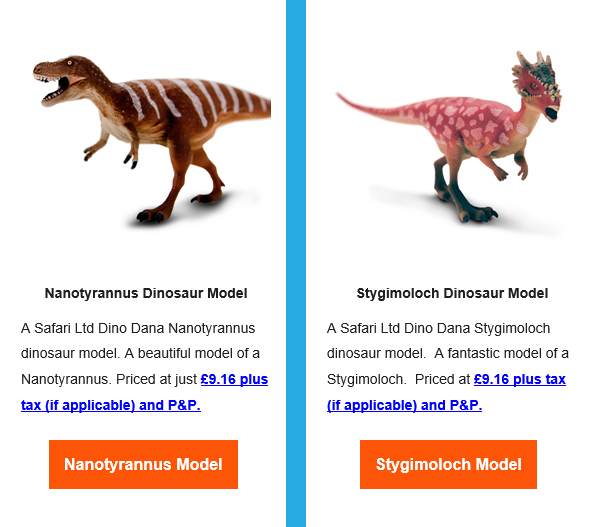The Safari Ltd Dino Dana Nanotyrannus and the Stygimoloch are featured in an Everything Dinosaur customer newsletter.