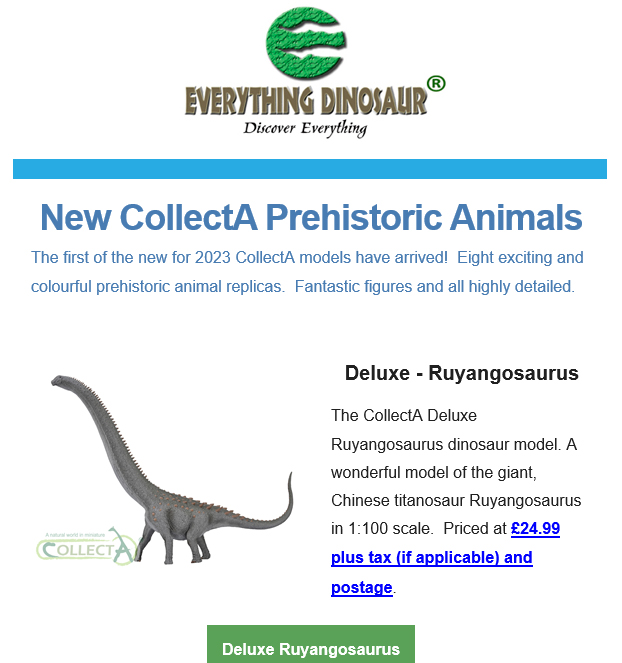 The CollectA Deluxe 1:100 scale Ruyangosaurus features in a company newsletter.