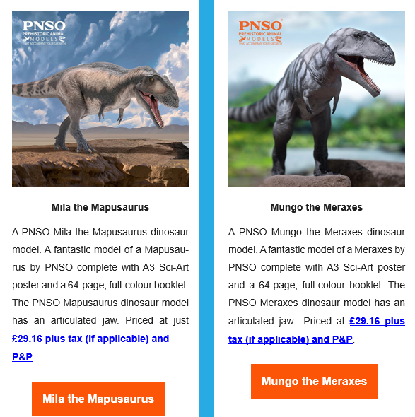 Carcharodontosaurid figures feature in Everything Dinosaur newsletter.