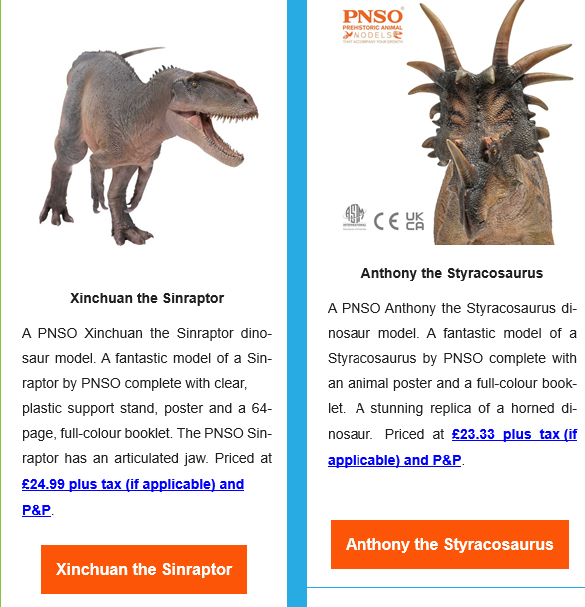 PNSO Sinraptor and Styracosaurus dinosaur models.