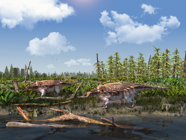 Two Vectipelta barretti armoured dinosaurs.
