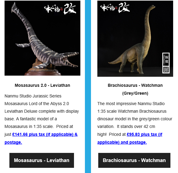 Nanmu Studio models (Mosasaurus and Brachiosaurus).