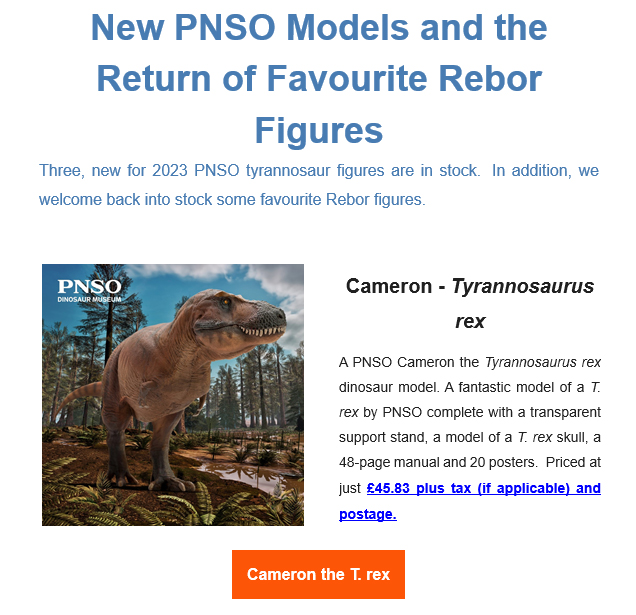 The Everything Dinosaur newsletter features Cameron the T. rex.