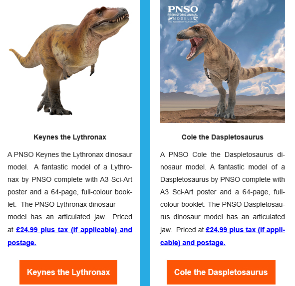 The Everything Dinosaur newsletter features PNSO tyrannosaurs.