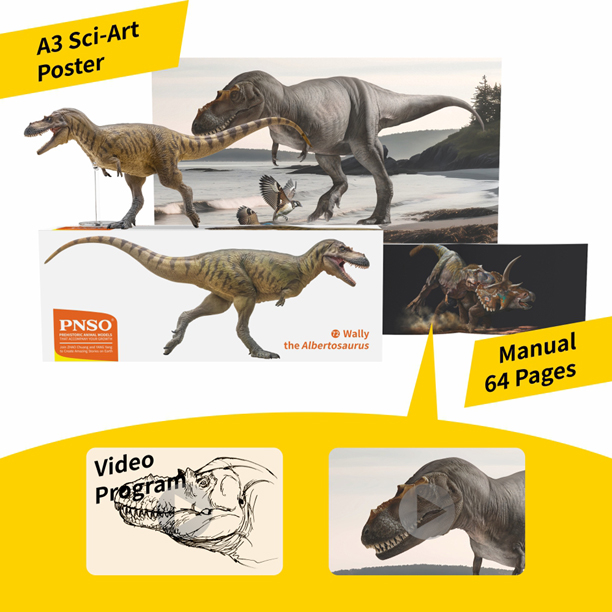 The PNSO Wally the Albertosaurus dinosaur model is supplied with a full-colour Sci-Art poster and a 64-page, colour booklet.