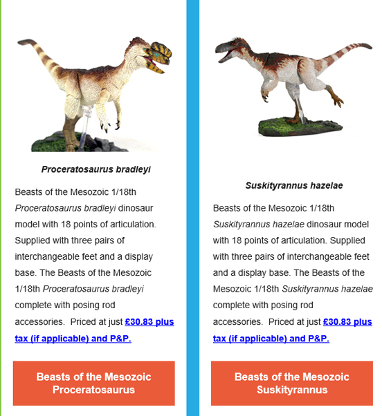 Beasts of the Mesozoic tyrannosaurs Proceratosaurus and Suskityrannus.