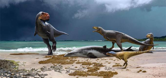 Life reconstruction of Late Cretaceous abelisaurs from Morocco.