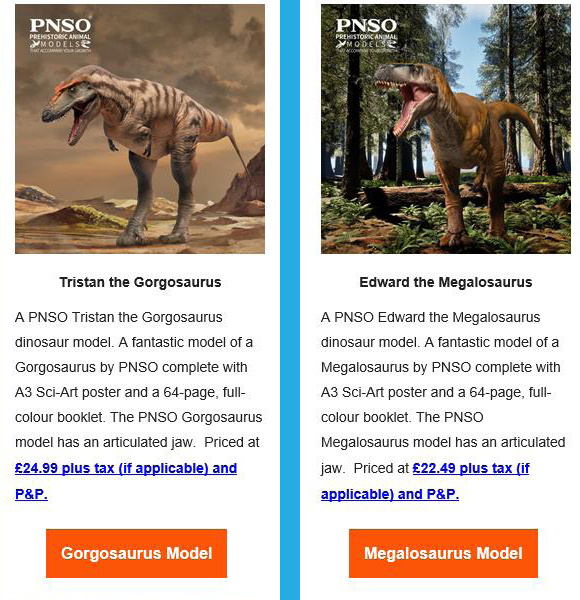 PNSO theropods in newsletter. Tristan the Gorgosaurus and Edward the Megalosaurus.