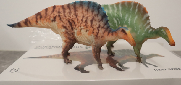 Perched on the box, displaying their thumb spikes two Haolonggood Ouranosaurus models.