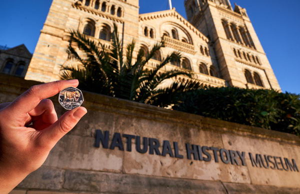 A new dinosaur coin outside the London Natural History Museum.