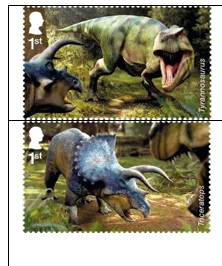 Royal Mail prehistoric animal stamps (Tyrannosaurus rex and Triceratops).