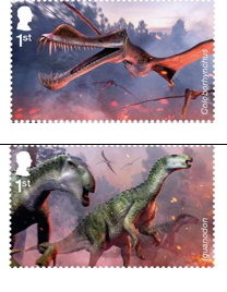 Royal Mail prehistoric animal stamps (Coloborhynchus and Iguanodon).