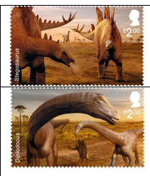 Royal Mail prehistoric animal stamps (Stegosaurus and Diplodocus).