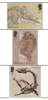 Stamps celebrating the discoveries of Mary Anning.