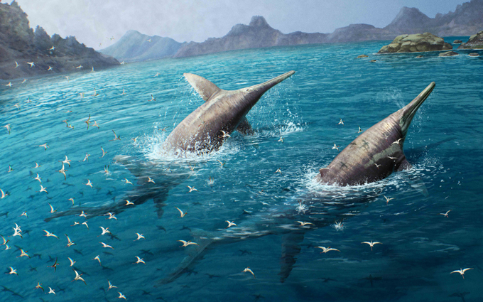 A life reconstruction of a pair of Ichthyotitan severnensis.