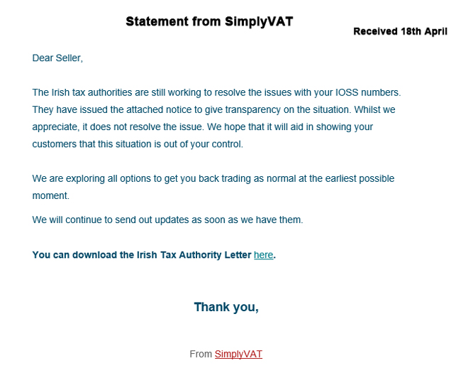 Second IOSS statement from SimplyVAT received by Everything Dinosaur.