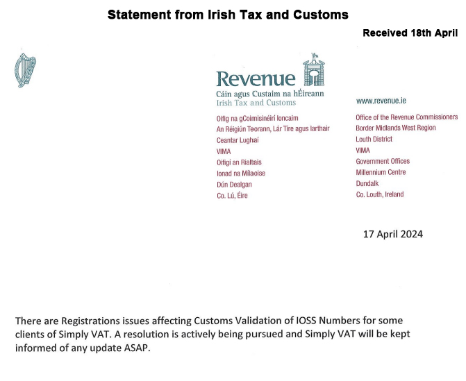 Statement from Irish Tax and Customs regarding problems with IOSS.