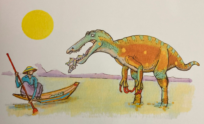 Artwork showing a baryonchid dinosaur fishing created by Cordula Marks Venters.