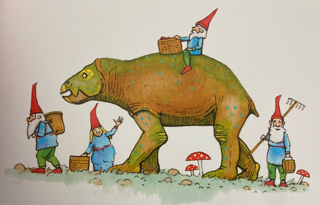 Gnomes held for home helped by a dicynodont an example of the artwork created by Cordula Marks Venters.