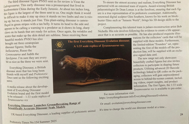 "Prehistoric Times" magazine features the Everything Dinosaur Evolution T. rex model.
