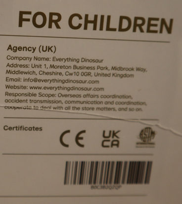 CE marking on the PNSO Cameron the T. rex box.