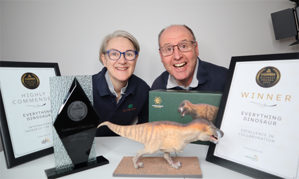Mike and Sue with the first awards for the Everything Dinosaur Evolution T. rex figure.