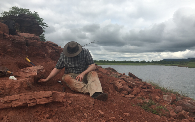 Professor Paul Barrett (London Natural History Museum) carefully excavating fossil material.