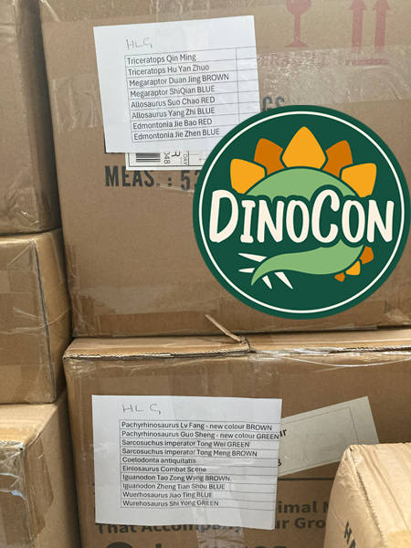 Boxes labelled ready for DinoCon 2026.