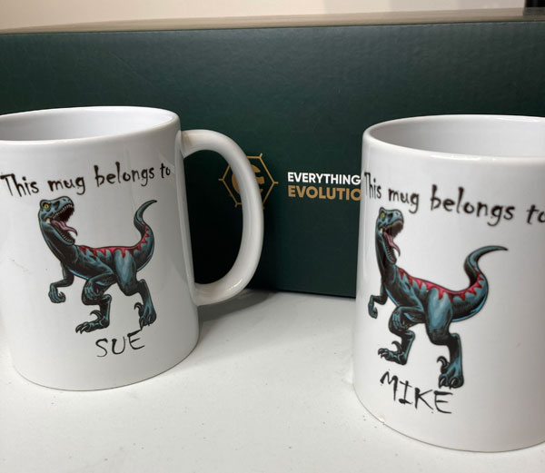 Favourite coffee mugs belonging to Sue and Mike at Everything Dinosaur as they prepare for new dinosaur model deliveries.